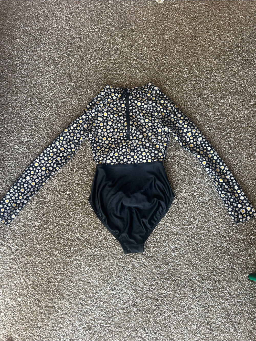 Long Sleeve Daisy Print One-Piece Swimsuit - Black with White & Yellow